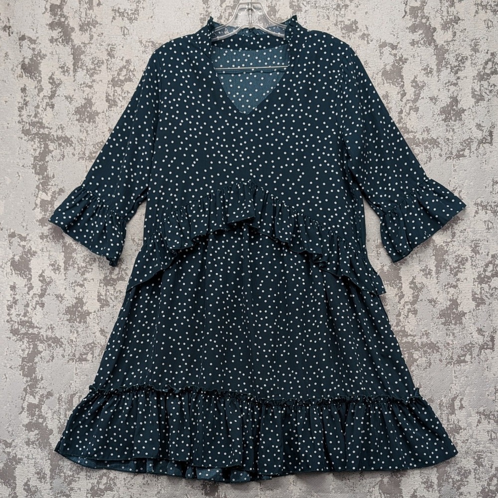 Mitilly Womens Polka Dot Tiered Mini Dress Teal Blue Ruffle 3/4 Sleeve V-Neck Sm